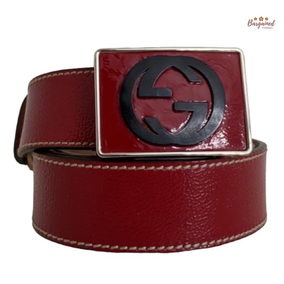 Authentic GUCCI Red Patent Leather Black Interlocking G Plaque Buckle Belt 90/36 - Picture 1 of 13